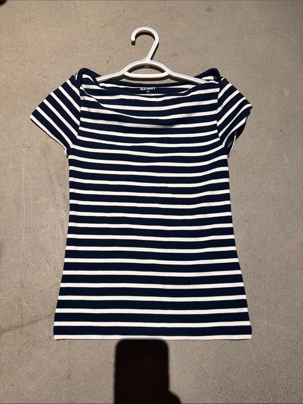 Old Navy Navy and White Striped Short Sleeve Boat Neck Tee